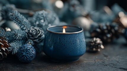 Atmospheric close up of a burning blue ceramic candle surrounded by frosted winter pine decorations and ornaments