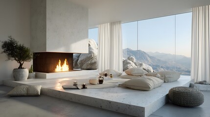 Modern minimalist living room features a white terrazzo platform and a roaring recessed fireplace alongside beige cushions near windows.