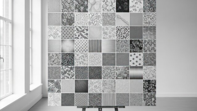 54 black and white texture squares arranged on easel in a well-lit studio
