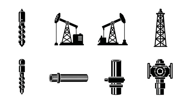 A collection of black and white icons illustrating various oil and gas industry equipment and structures, including drilling bits, pumpjacks, a rig tower, and wellhead components.
