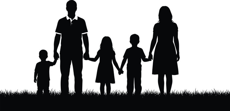 Black Silhouette of a Happy Family with Three Children Holding Hands While Standing on Grass Field Isolated on White