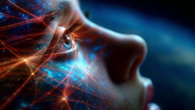 A mesmerizing close-up of a contemplative face illuminated with vibrant cosmic patterns, showcasing an intricate web of glowing lines and colors that symbolize the connection between consciousness and
