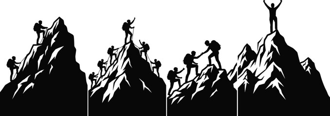Obraz premium Black Silhouette of Mountain Climbers Hiking and Reaching Summit Together Isolated on White Background for Success and Teamwork Concept Art