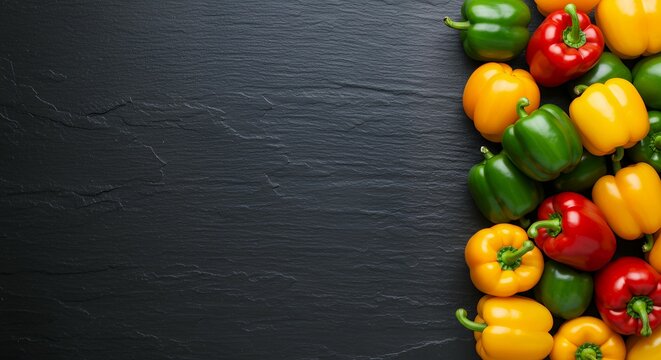 Array of Ripe Red, Yellow, and Green Peppers Bordering Textured Black Stone Background, Perfect for Restaurant Menu or Healthy Eating Blog