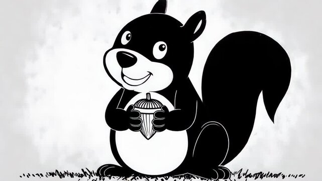 Cartoon squirrel with acorn, black and white illustration on textured background