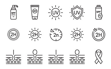 Sunscreen application and skin barrier protection science abstract icons