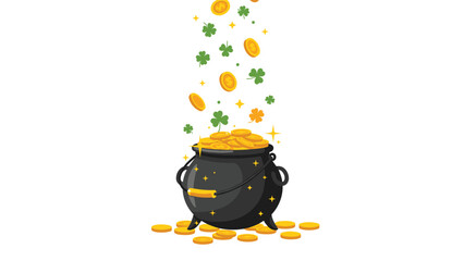 Black cauldron filled with gold coins under a rain of clovers and coins to celebrate Saint Patrick Day good luck.