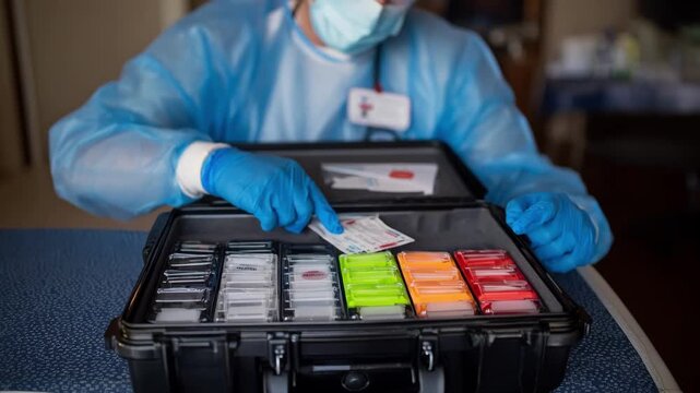 Medium shot showing a healthcare worker selecting different sized adaptive tools from a kit to perfectly match patient physical requirements.
