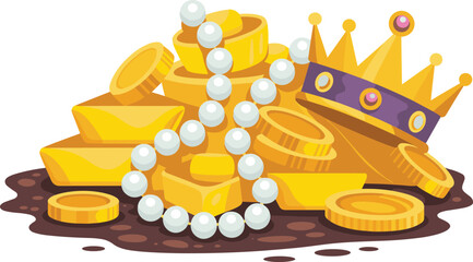 Gold treasure illustration, royal crown, pearls, golden bars and coins, luxury wealth concept, cartoon vector, isolated on white background design © Hey there