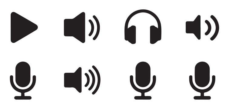 Audio interface icons collection with microphone and headphones symbols plus play button and volume control signs