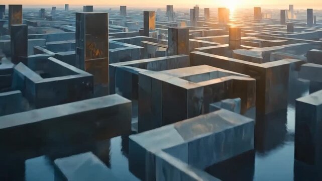 Abstract maze of interconnected rectangular structures, creating a complex and intriguing geometric pattern.