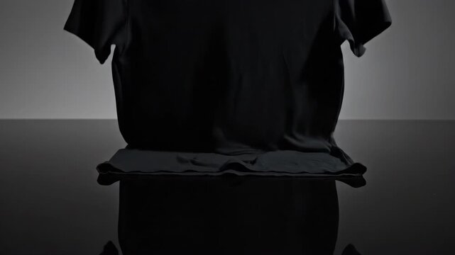 A single blank black t-shirt gently descends and settles onto a smooth reflective surface creating a minimalist presentation shadow basic shirt, purchase concept, visual weight
