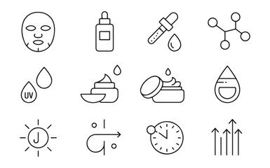 Skin care icon set for beauty routine including facial mask serum bottle pipette moisturizer and sun protection art