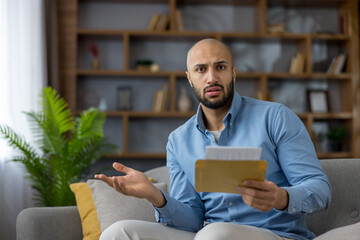Shocked young man reads an unexpected official letter at home, holding an envelope with bills and...