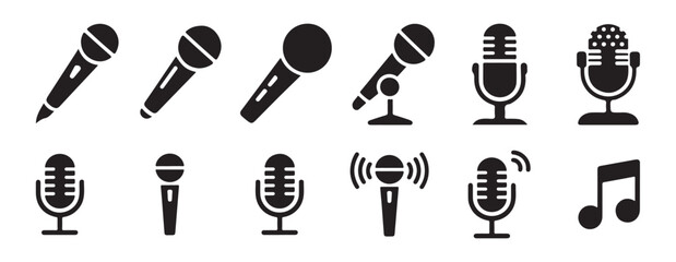 Large collection of microphone icons in various shapes and styles suitable for broadcast speech and music production graphic elements set © Nayan Arts