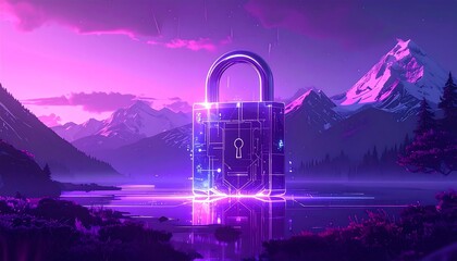 Digital Lock Security Concept in Futuristic Cyberpunk Landscape.