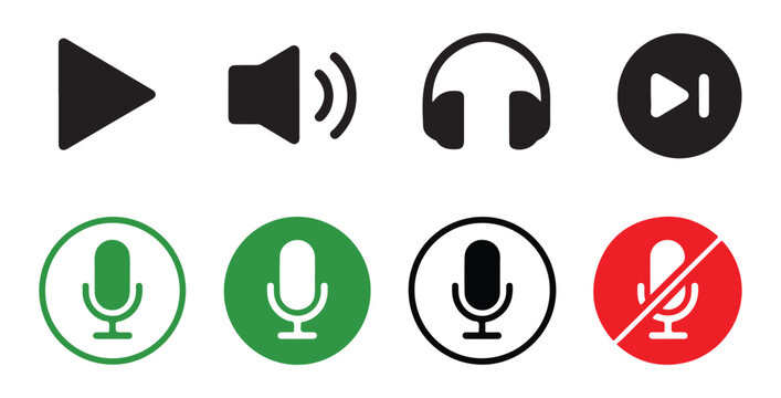 Group of four vector icons including play speaker headphones and microphone status indicators for media control