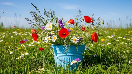Beautiful wildflowers in a blue bucket sitting in a lush green field with a clear blue sky