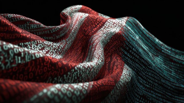 Abstract Representation of Digital Data Flow with Binary Code on Fabric Surface in Red and Blue Tones