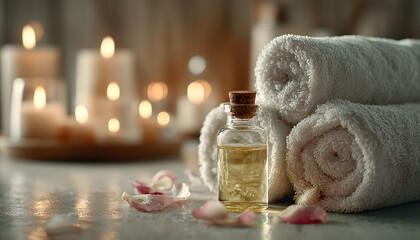 Softly lit spa setup with rolled towels, flower petals, burning candles, and essential oil bottle. This promotes calm, wellness, and therapeutic relaxation for mind and body.