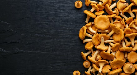 Fresh Raw Chanterelle Mushrooms Over Dark Slate Background with Copyspace for Culinary Menu or Recipe Design