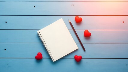 Valentine day inspiration blank notebook with strawberries and pencil on wooden table