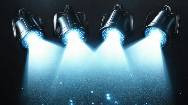 Three black spotlights projecting light on a dark background with sparkling stars, suggesting an astronomical or movie production effect.