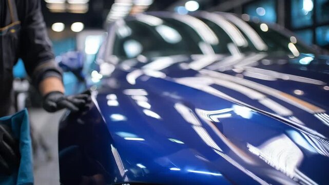 Skilled professional fixing hail damage dents on a car hood employing careful techniques to reshape metal without affecting the paint layer