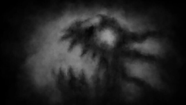 Dark horror 2D animation. Abstract Vj looped video clip. Horror fantasy genre. Halloween ghost short animated movie. Scary thing silhouette in fog. Spooky visions of hell. Black and white background.