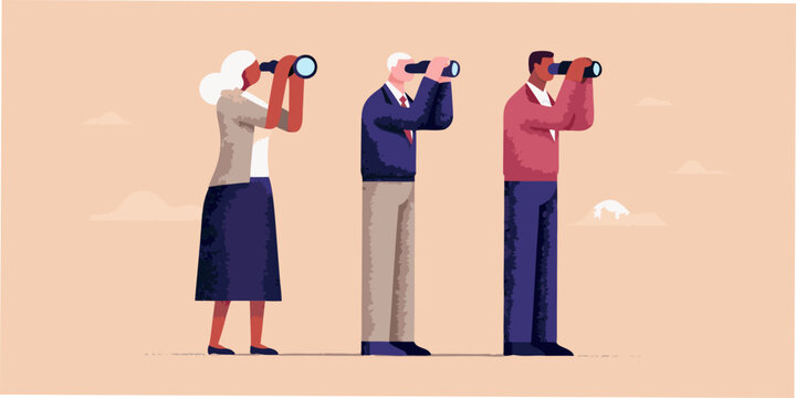 Three people of different generations looking through binoculars at a distance