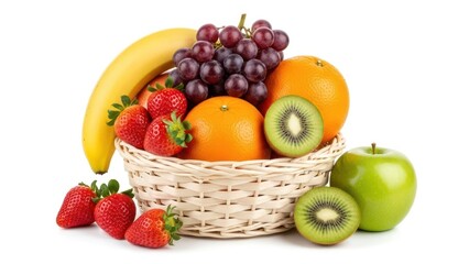 A wicker basket overflowing with vibrant, fresh fruits against a clean white background
