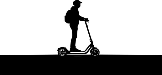 Urban Electric Mobility: A silhouette of a person riding a modern electric kick scooter through a minimalist city skyline background.