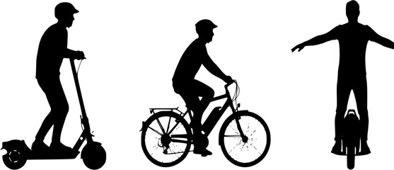 Urban Electric Mobility: A silhouette of a person riding a modern electric kick scooter through a minimalist city skyline background.