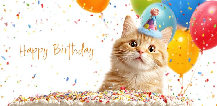 Adorable Cat Celebrating Birthday with Party Hat, Balloons, and Confetti