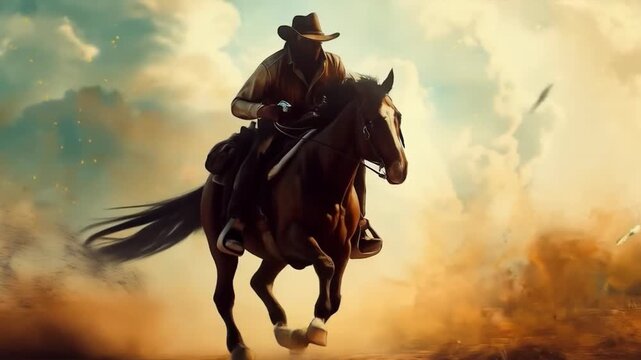 A horseman in a cloud of dust and smoke races across the arid steppe, symbolising the climate crisis and desertification, which would be suitable for a dramatic atmospheric backdrop in nature document