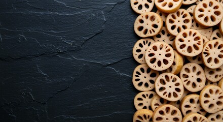 Fototapeta premium Sliced Fresh Lotus Root Rounds with Natural Texture Scattered on Dark Slate Background, Exotic Asian Vegetable Ingredient for Professional Food Photography