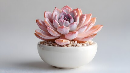 Rosette succulent with pink-tinged leaves sits in a smooth white bowl planter against a white background highlighting minimalist botany.