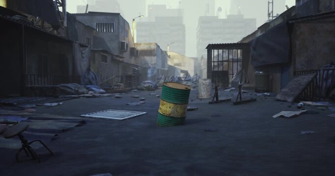 A neglected street filled with debris shows a green barrel standing amid broken furniture and scattered materials. Abandoned buildings and a smoky sky create a bleak atmosphere.