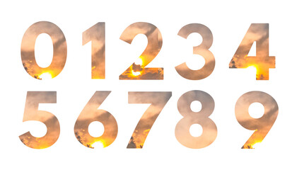 Set of numbers zero to nine with dramatic sunset and smoke texture on transparent background