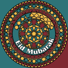 Eid Mubarak mandala with intricate Islamic patterns and vibrant colors.