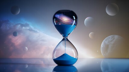 A large hourglass with blue sand and a galaxy reflection in a cosmic space with floating planets and nebulae