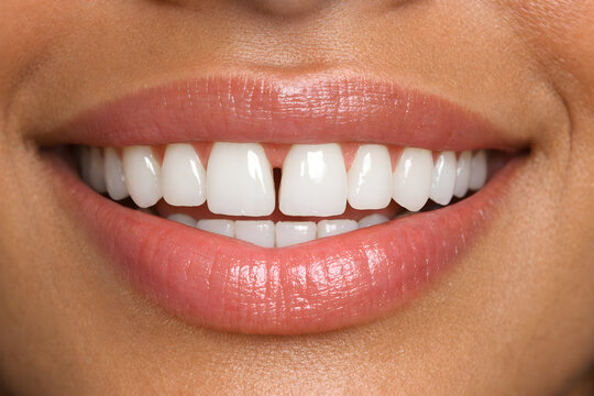  a person's teeth, showing a bright, even smile with white, straight teeth and glossy, light pink lips.