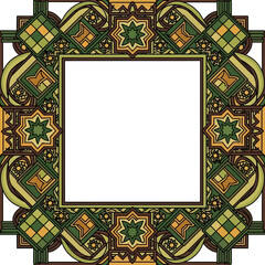 Intricate square frame with geometric and floral patterns.