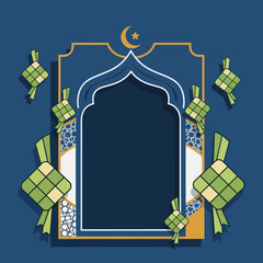 Islamic Arch Frame with Ketupat Decorations for Eid Mubarak.