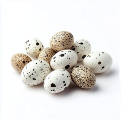 Fototapeta premium Collection of Speckled Quail Eggs on White Background, 흰 배경에 점박이 메추리알 모음