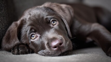 Adorable Brown Labrador Puppy Resting on a Soft Surface with Expressive Eyes
