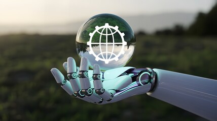Robotic Hand Holding a Transparent Sphere with a Gear and Globe Symbol in a Natural Outdoor Setting