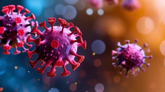 A microscopic virus with spikes on its surface signals the danger of a pandemic, which is relevant for medical publications as the main background for visualising the threat.
