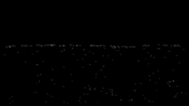 A moderate number of 3D bubbles rise upward, slow down, and burst on the surface. Seamless 4K looping animation with alpha channel, ideal for liquid, abstract, science, and background visuals.
