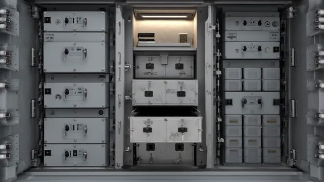 Midrange view of a mediumsized cash vault featuring modular compartments with advanced locking mechanisms for enhanced protection and efficient space usage.